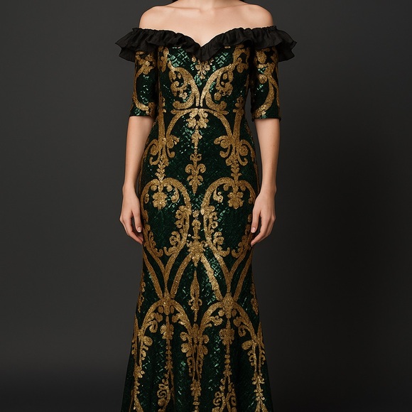 Dresses & Skirts - Elegant emerald Green and Gold Off-Shoulder Dress size 1XL